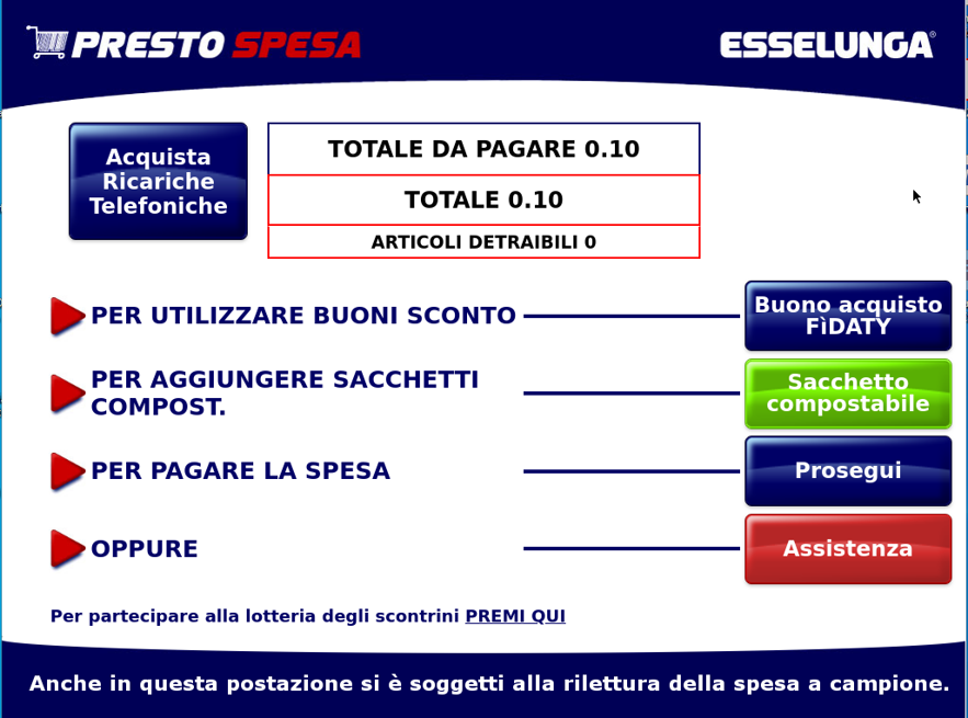 Legacy Esselunga self-checkout — vouchers and options screen